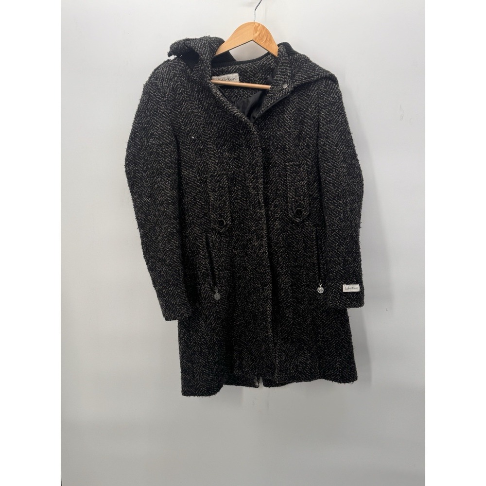 Calvin Klein Tweed Walking Coat Wool Blend Grey Size M Faux Collar